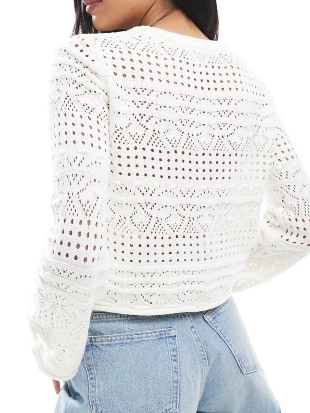 French Connection Open Bobble Knit Crochet Crewneck Cropped Sweater, White